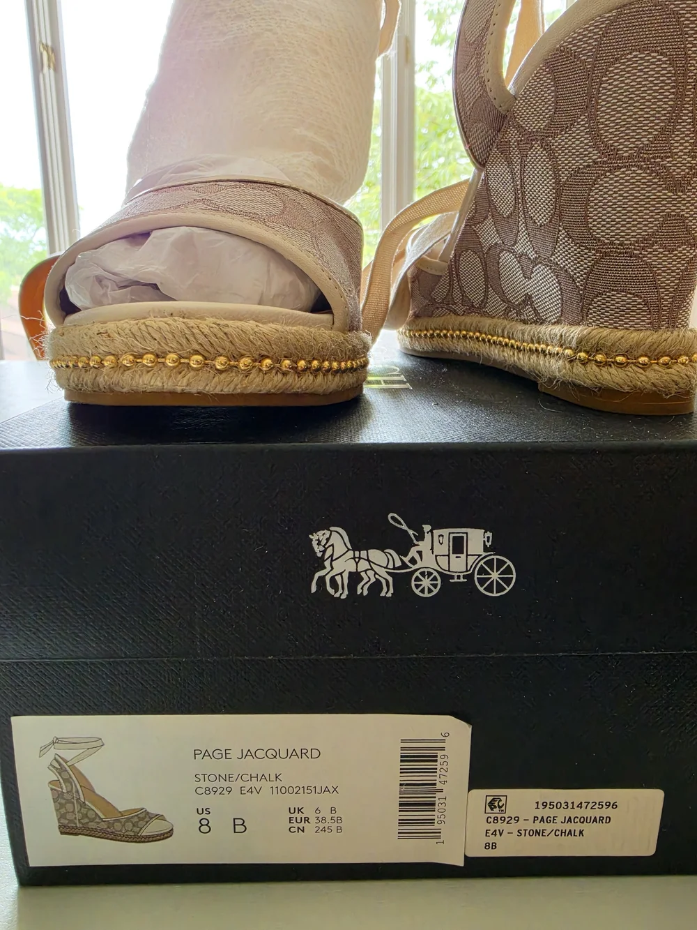 Coach Beige Canvas Signature Wedge Sandals with Ribbon Ties - Picture 2 of 6